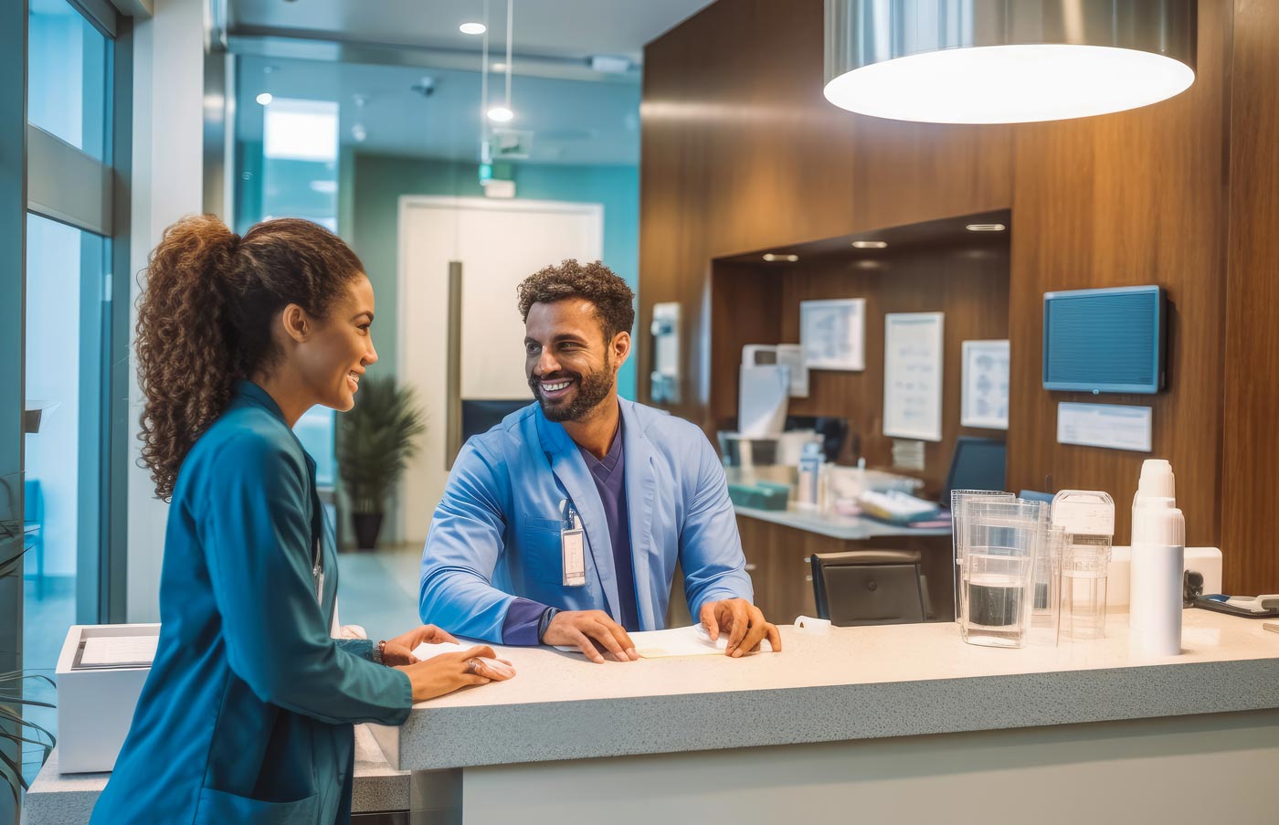 Administrative Medical Assistant program photo showing two medical assistant professionals at reception desk in healthcare facility smiling with papers in hand at counter