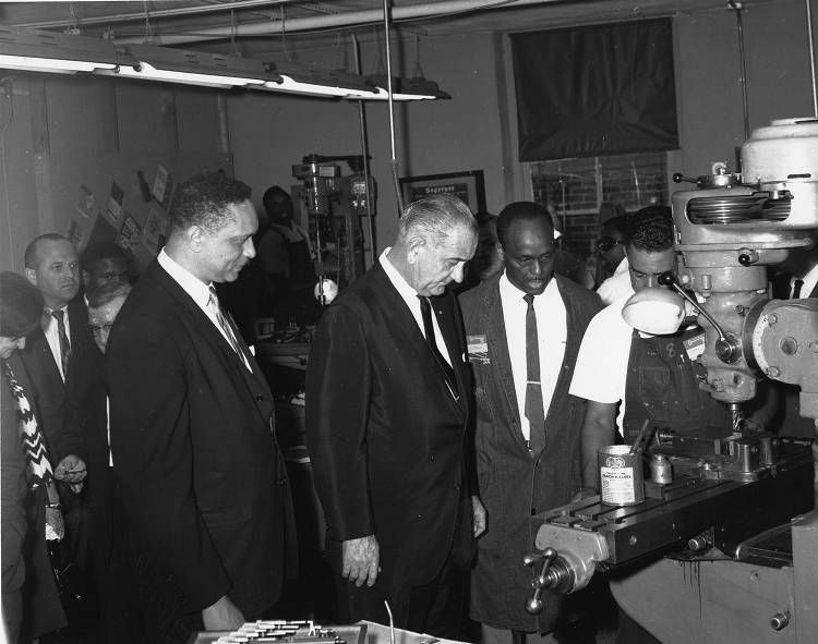 President Lyndon B. Johnson photographed with Reverend Dr. Leon Sullivan at OIC Philadelphia.
